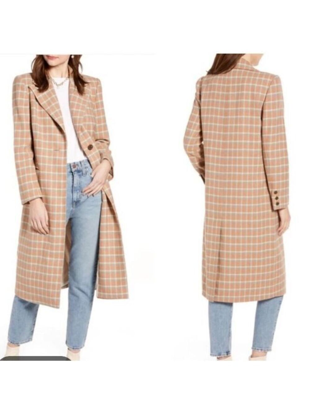 Something Navy Women's Plaid Wool Blend Tan Light Blue Long Coat Size 1 (XS)